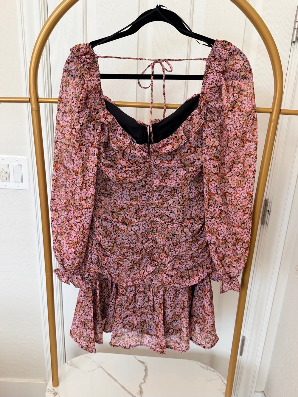 Astr Pink Floral Puff-Sleeve Mini Dress with Tie-Back